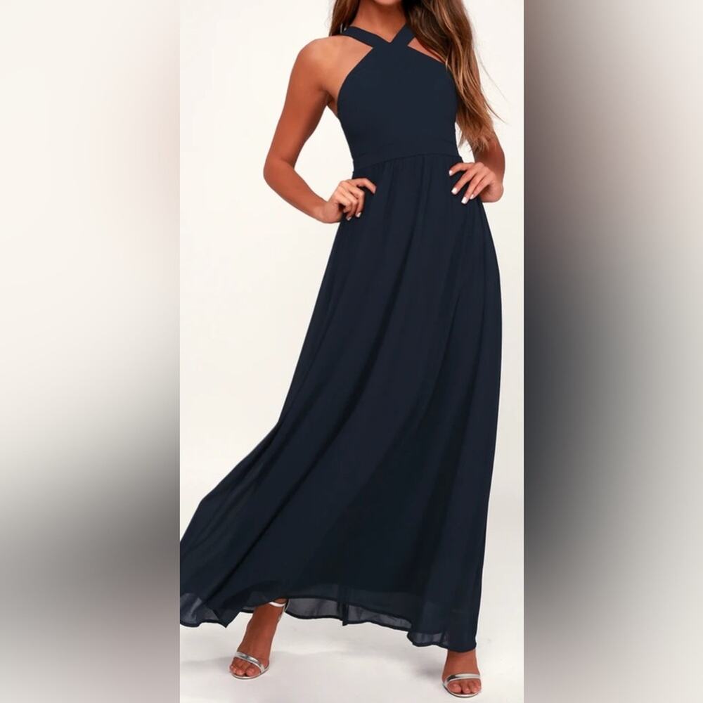 Lulus air of romance navy floor length gown